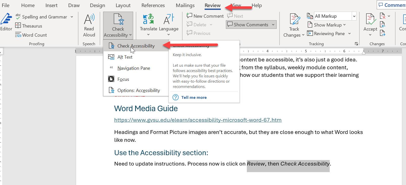 Top Half: Microsoft Word with Tools dropdown menu open, Accessibility Checker highlighted. Bottom Half: Right Accessibility Panel open stating one Error that alt text is missing for Picture 1